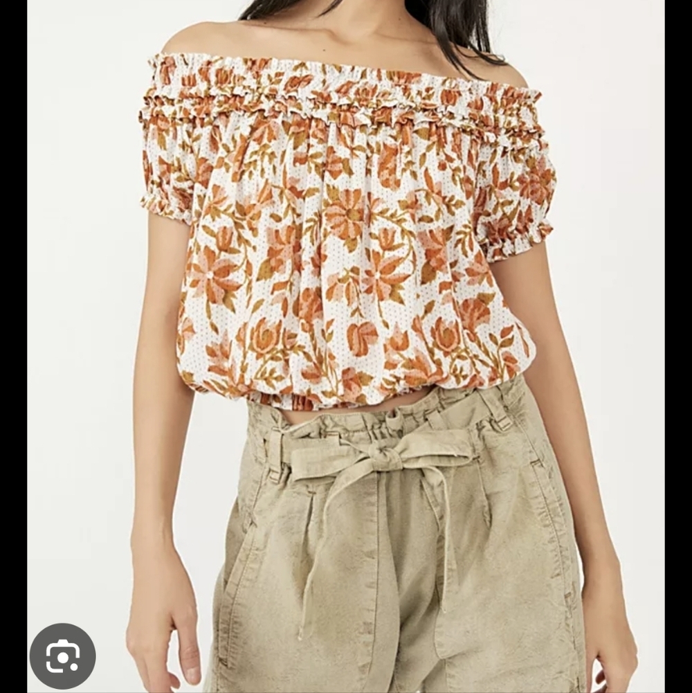 Free People One Suki Off Shoulder Floral Crop Blouse sz M Orange Ivory Festival